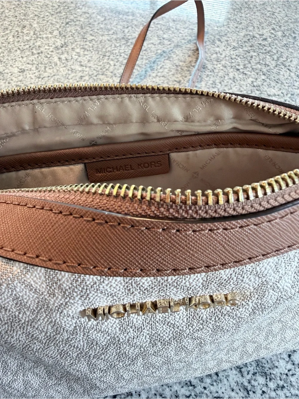 Michael Kors Beige Signature Belt Bag with Brown Trim